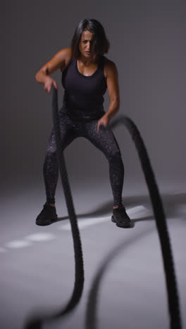 Vertical-Video-Studio-Shot-Of-Mature-Woman-Wearing-Gym-Fitness-Clothing-Doing-Cardio-Exercise-With-Battle-Ropes